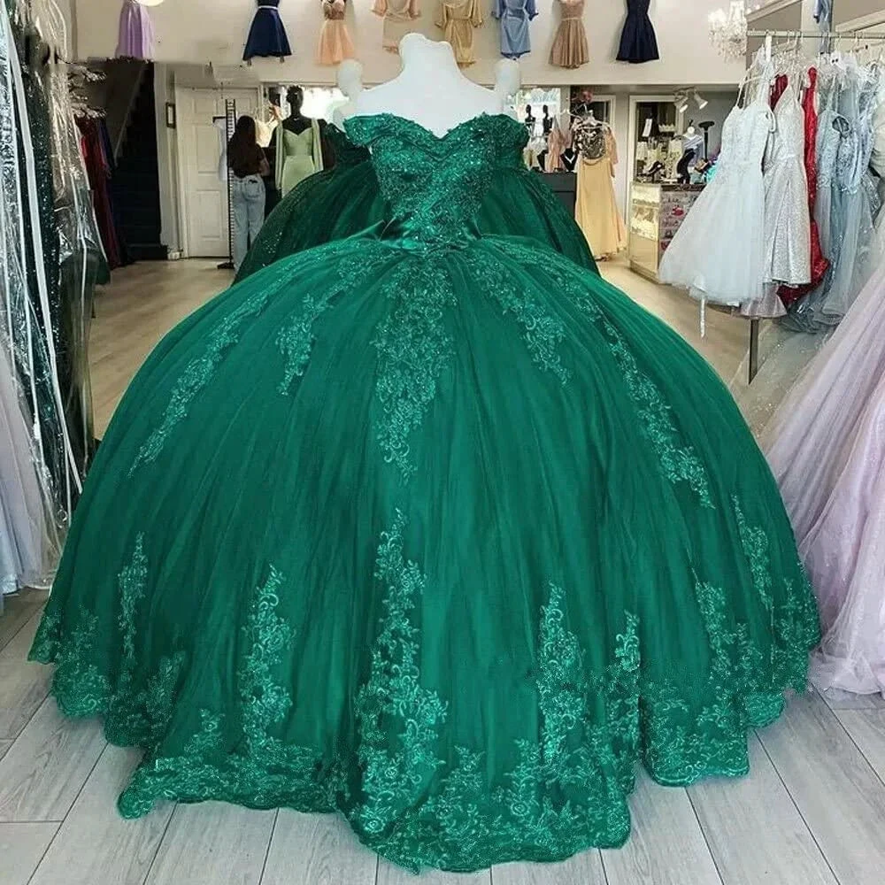 Off Shoulder Lace Tulle Quinceanera Dresses Dark Green Applique Ball Gown Y4080 by simplepromdress