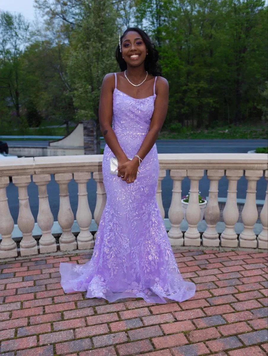 Woman in lilac sequin evening gown posing outdoors, ZAPDRESS formal dress collection
