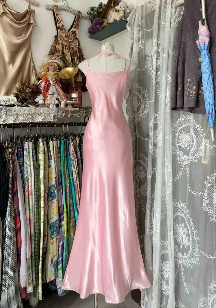 Chic Pink Spaghetti Straps Satin Mermaid Prom Evening Dress Y8104 by simplepromdress
