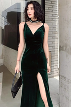 Simple V Neck Dark Green Velvet Long Prom Dresses, Dark Green Velvet Formal Graduation Evening Dresses Y2926 by simplepromdress