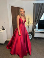 A-Line V Neck Floor-Length Red Evening Dress Y6035 by simplepromdress