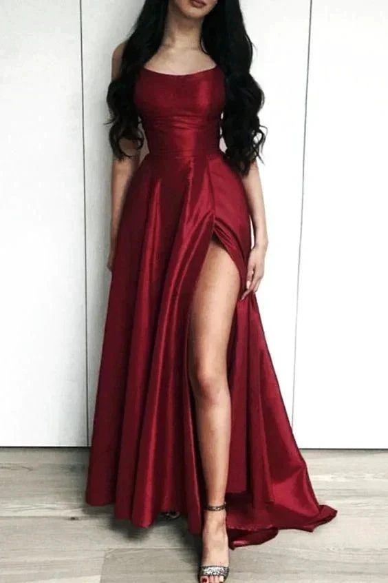 Charming Burgundy Side Slit Long Evening Dress, Sexy Prom Dresses Y44 by simplepromdress