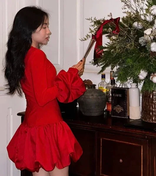 Red Long Sleeves A Line Mini Cocktail Dress Classy Homecoming Dress Y8103 by simplepromdress