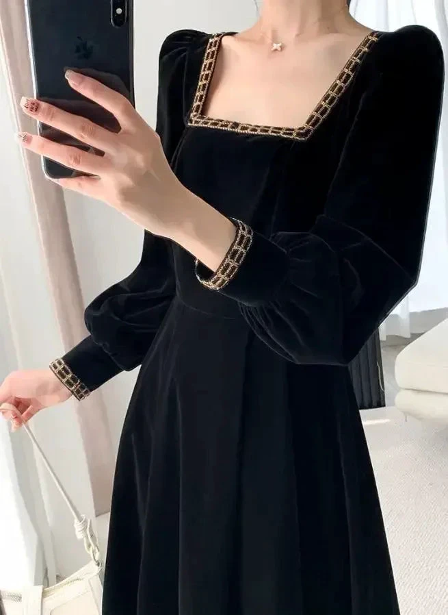 Velvet Dress Women Long Sleeve Square Neck Elegant Bodycon Patchwork Fashion Evening Dress Y6744 by simplepromdress
