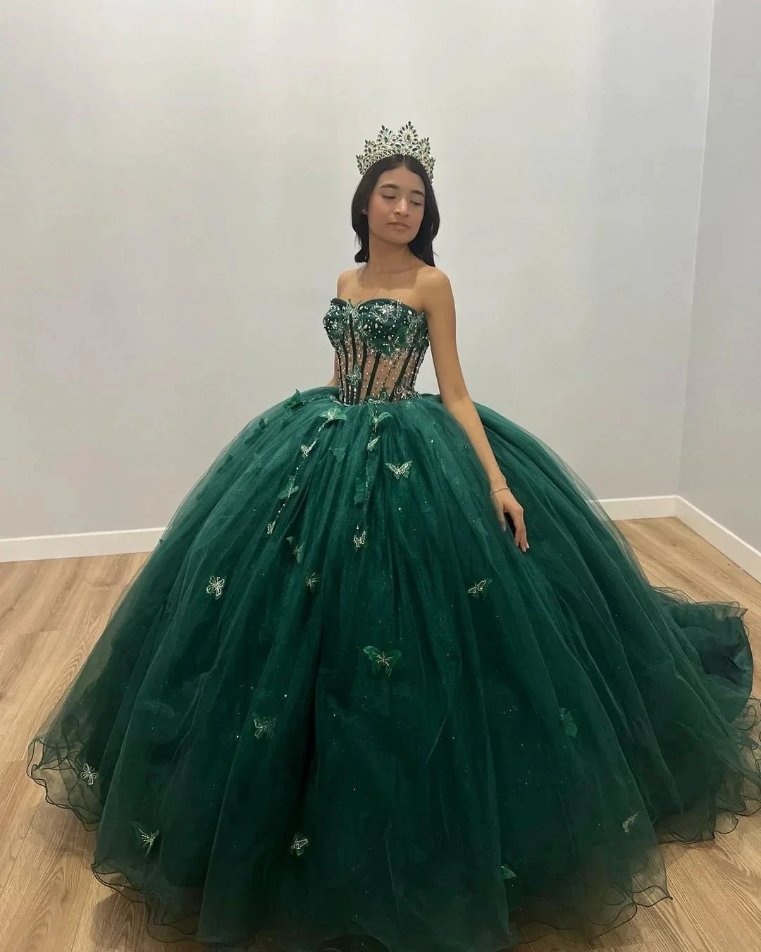 Green Tulle Ball Gown With Butterflies,Sweet 16 Dress, Green Quinceanera Dress Y2344 by simplepromdress