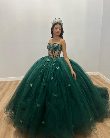 Vestido de tul verde con mariposas, vestido de quinceañera verde Y2344