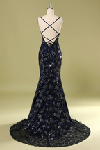 Navy Blue Evening Dress with Beading Sequins,Chic Prom Dress Y1832