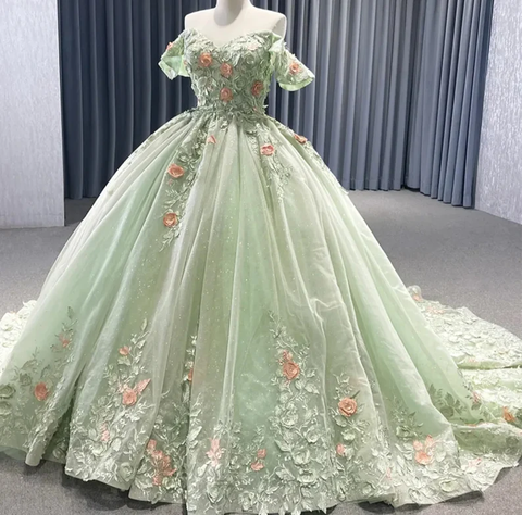 Vestido de gala verde matcha con hombros descubiertos y apliques florales, espalda con cordones brillantes, para quinceañeras, ocasiones especiales, Y2190