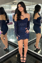 Sweetheart Navy Blue Lace Corset Bodycon Homecoming Dress Y2579 by simplepromdress