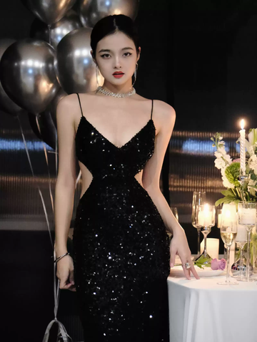 Schwarze Pailletten funkelndes Abendkleid Sexy rückenfreies Abendkleid Y1124