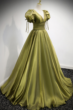Green v neck tulle long prom dress A line evening dress Y898