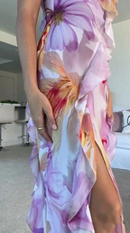 Beautiful Ruffle Graphic Floral Print Low Backless Long Prom Dress Slit Party Evening Dress Y8099 by simplepromdress