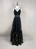 Gorgeous Black Tulle Gold Silk Feathers A Line Prom Dress Formal Evening Dress Y8652 by simplepromdress