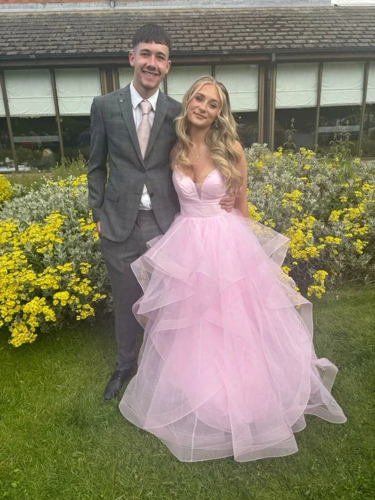 Shiny Pink Tulle Tiered A Line Prom Dress Straps Evening Gown Y7932 by simplepromdress