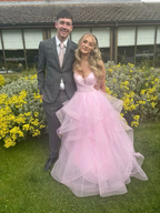 Shiny Pink Tulle Tiered A Line Prom Dress Straps Evening Gown Y7932 by simplepromdress