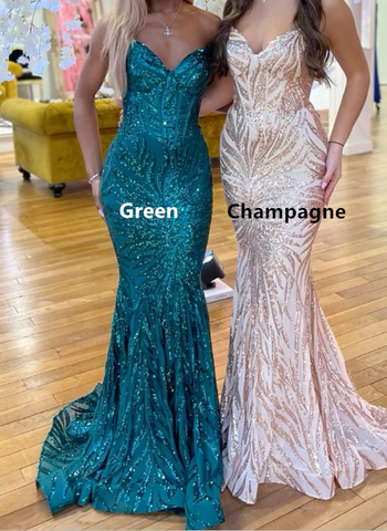 Hermoso vestido de noche largo de sirena con tirantes finos Y7886