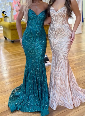 Hermoso vestido de noche largo de sirena con tirantes finos Y7886
