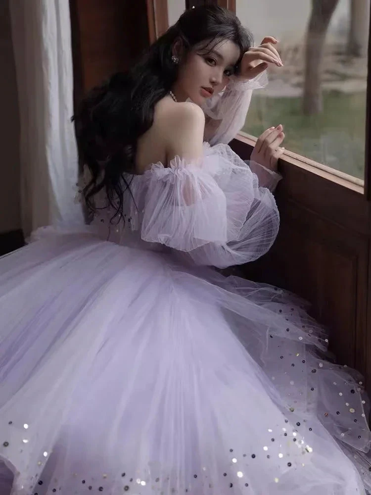 Sparkly Prom Dresses Purple Prom Dresses Robes Cocktail Off The Shoulder Prom Dresses Long Sleeve Prom DressesY2408 by simplepromdress