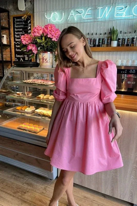 Pink A-line Square Neckline Party Dress Pink Puff Sleeves Homecoming Dress Y7174 by simplepromdress