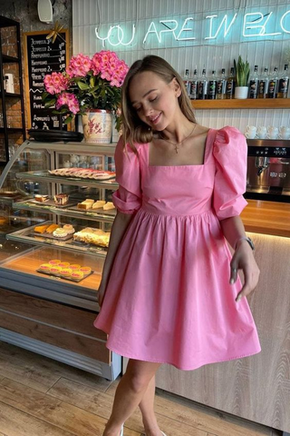 Pink A-line Square Neckline Party Dress Pink Puff Sleeves Homecoming Dress Y7174