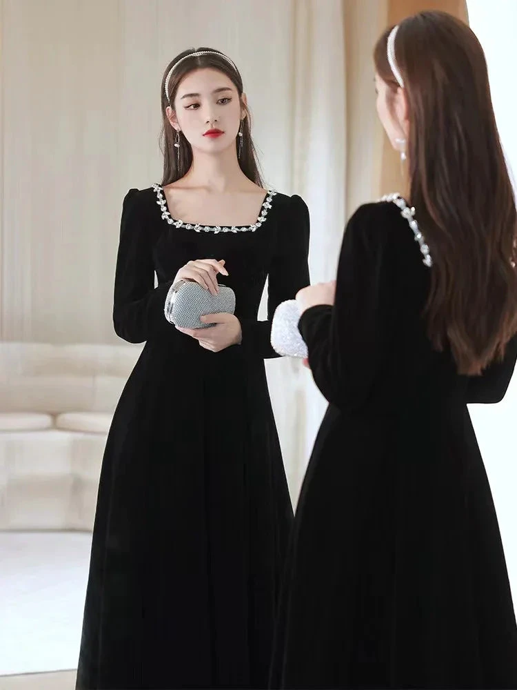 Black evening dress,high sense velvet long sleeve evening dress, custom made Y2934 by simplepromdress
