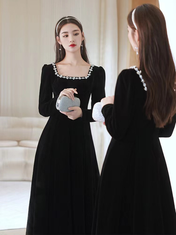 Vestido de noche negro, vestido de noche de manga larga de terciopelo de alta calidad, hecho a medida Y2934
