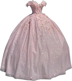 Off the shoulder blue ball gown , sparkly prom dress with flowers S26908 by simplepromdress