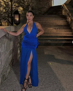 Blue Halter Slit Satin Evening Dress Formal Prom Dress Y7863 by simplepromdress