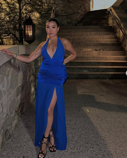 Blue Halter Slit Satin Evening Dress Formal Prom Dress Y7863 Hover Image