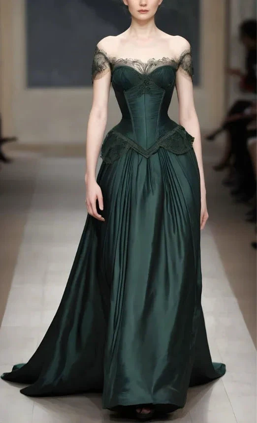 Vintage Green Off Shoulder Lace Satin Evening Dress Formal Prom Dress Y7810 by simplepromdress