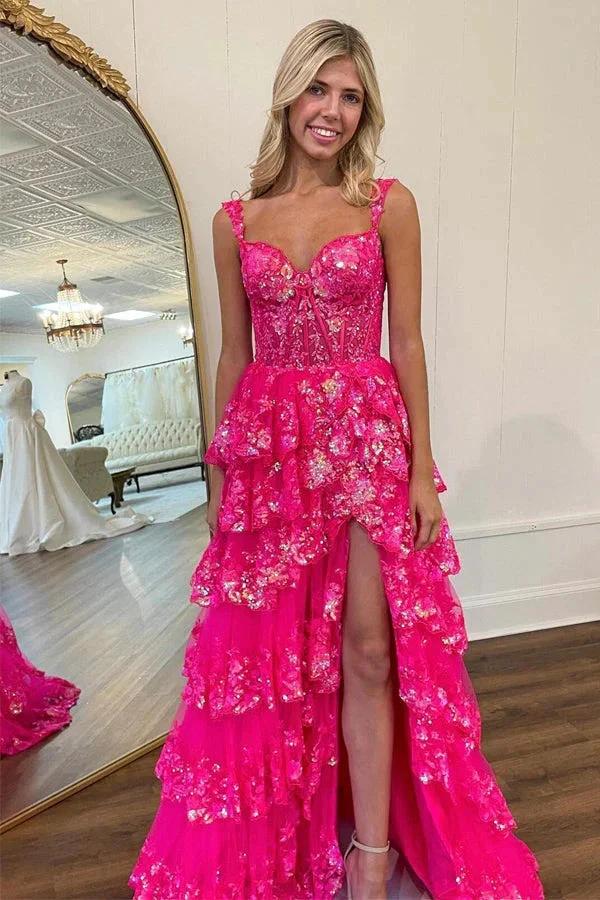 A Line Lace Tiered Stunning Prom Dress Evening Dress With Split PSK456 by pgmdress