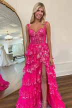 A Line Lace Tiered Stunning Prom Dress Evening Dress With Split PSK456 by pgmdress