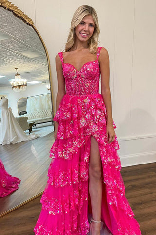 Impresionante vestido de fiesta de noche con encaje en capas y abertura en la espalda PSK456