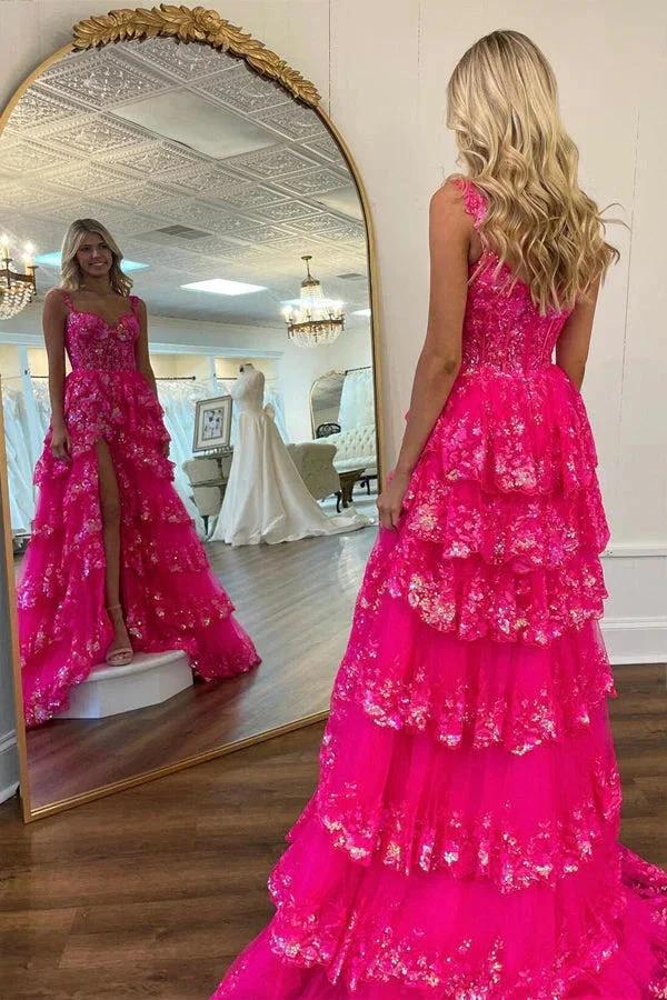 A Line Lace Tiered Stunning Prom Dress Evening Dress With Split PSK456 by pgmdress