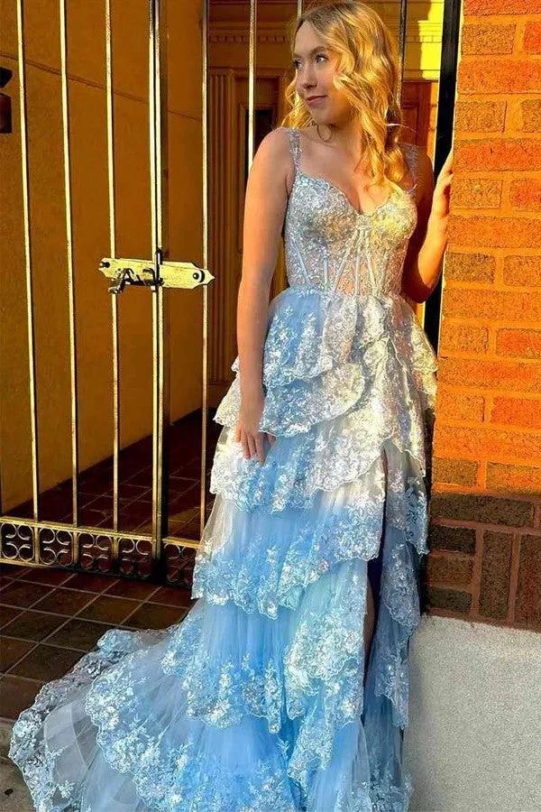 A Line Lace Tiered Stunning Prom Dress Evening Dress With Split PSK456 by pgmdress