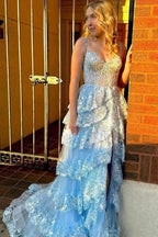 A Line Lace Tiered Stunning Prom Dress Evening Dress With Split PSK456 by pgmdress