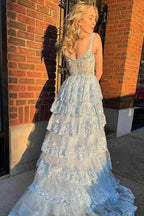 A Line Lace Tiered Stunning Prom Dress Evening Dress With Split PSK456 by pgmdress