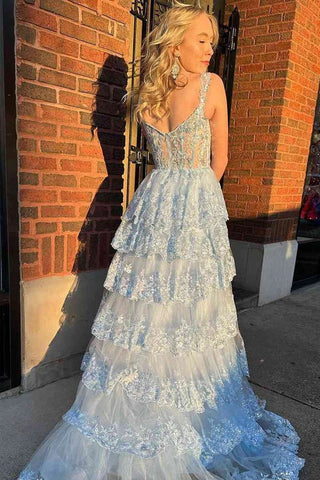 Impresionante vestido de fiesta de noche con encaje en capas y abertura en la espalda PSK456