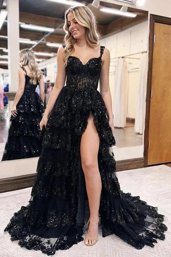A Line Lace Tiered Stunning Prom Dress Evening Dress With Split PSK456 by pgmdress