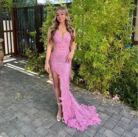 Luxurious Pink Sequins Lace Feathers Mermaid Evening Dress Slit Prom Dress Y7872 by simplepromdress