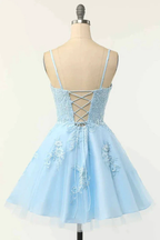 Light Blue A-line Spaghetti Straps Lace-Up Back Applique Mini Homecoming Dress Y2417 by simplepromdress