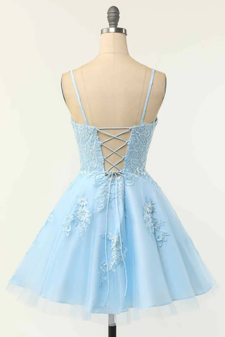 Light Blue A-line Spaghetti Straps Lace-Up Back Applique Mini Homecoming Dress Y2417
