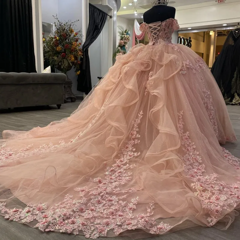 Vestido de fiesta con apliques rosas brillantes, vestido de princesa rosa Y2341