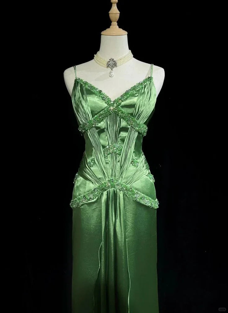 Chic Green Spaghetti Straps Satin Beaded Prom Dress Evening Dress Y8555 by simplepromdress