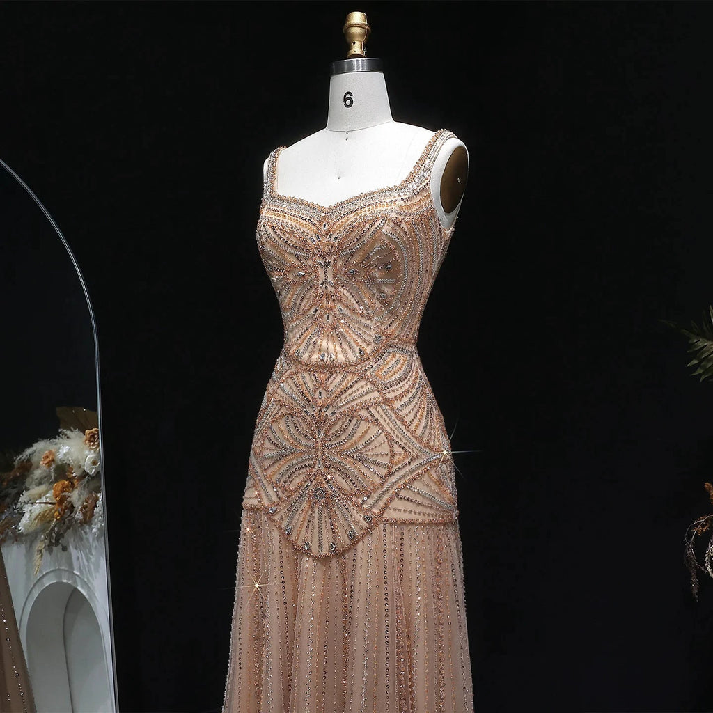Champagne Beaded Mermaid Evening Dress Luxury Saudi Wedding Gown Customized by ZAPDRESS