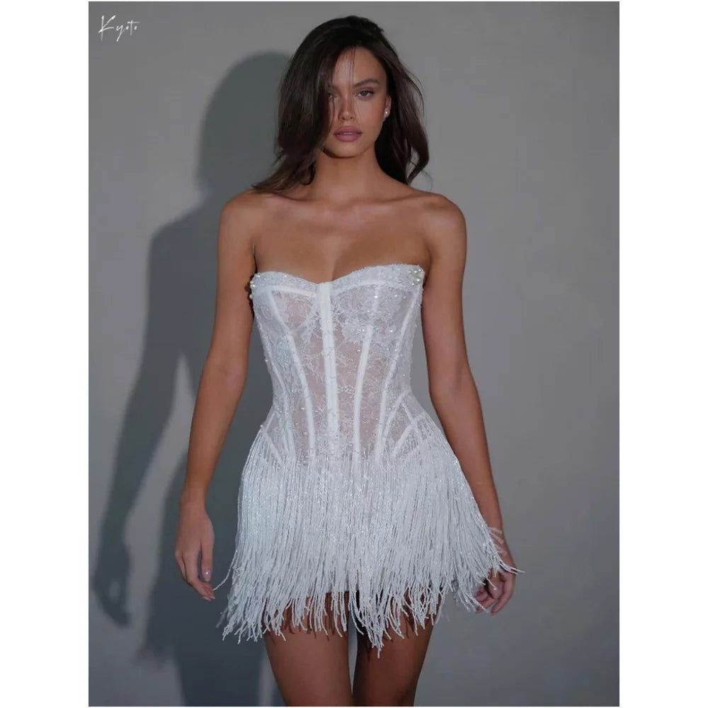 Kyoto Customized White Lace Tassel Mini Wedding Dress Strapless Sheath vestidos de noiva Lace-up Back After Party Dresses 2025