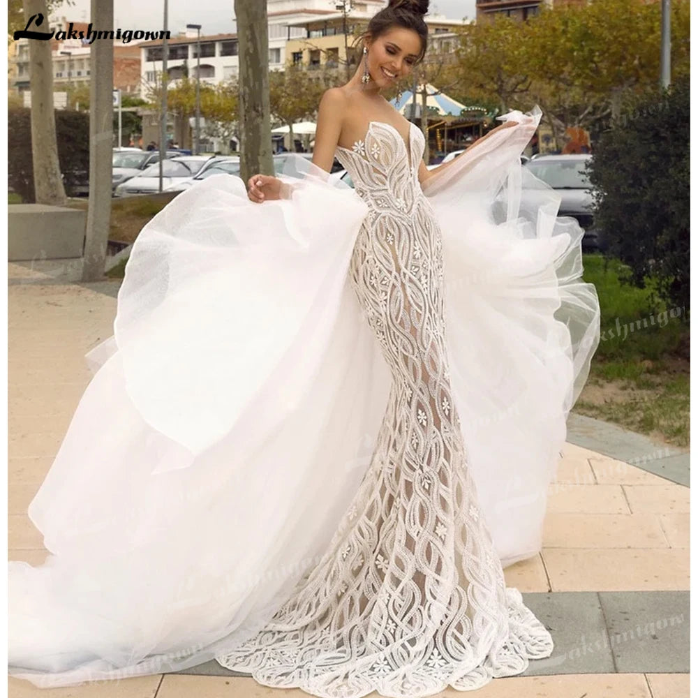 Stunning and Sexy Strapless 2 In 1 Mermaid Wedding Dress With Detachable Train Chic Lace Bride dress vestidos de noche