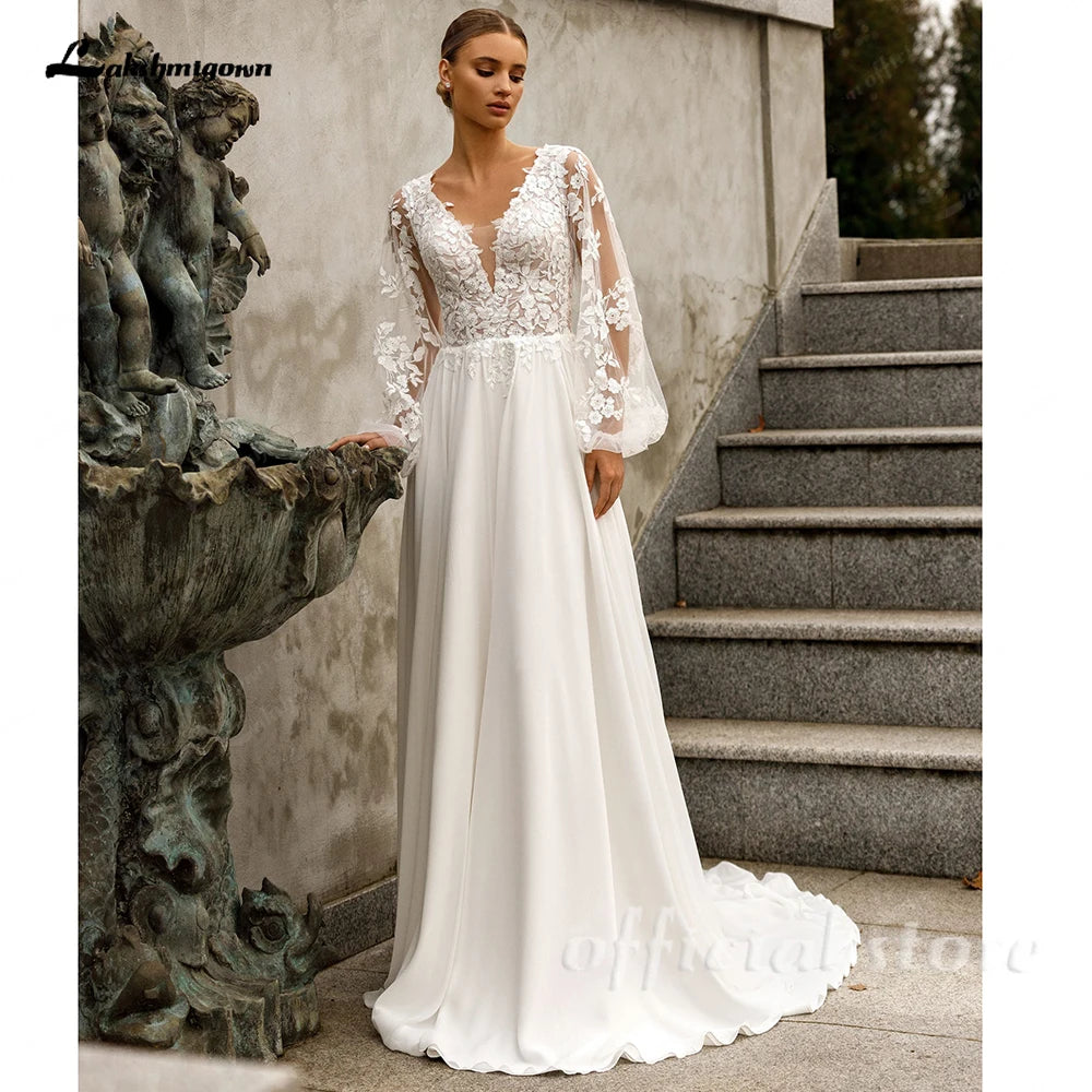 ZapDress Puffy Long Sleeves Wedding Dresses 2026 Chiffon Beach Boho A-Line V-Neck Wedding Gown With Appliques LaceCustomized