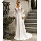 ZapDress Puffy Long Sleeves Wedding Dresses 2026 Chiffon Beach Boho A-Line V-Neck Wedding Gown With Appliques LaceCustomized