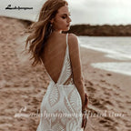 ZapDress Plunging V Bohemian Mermaid Wedding Dress Lace Champagne Bridal Gown Vintage Backless Spaghetti Straps Customized